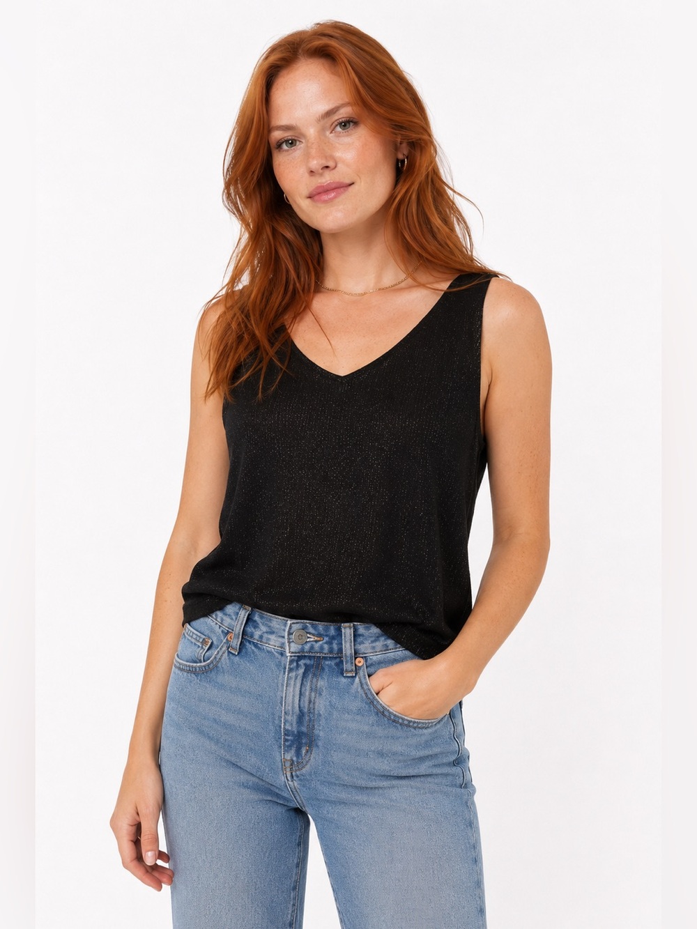Esqualo Black Shimmer Knit Tank Top – Metallic Sleeveless V-Neck (M)